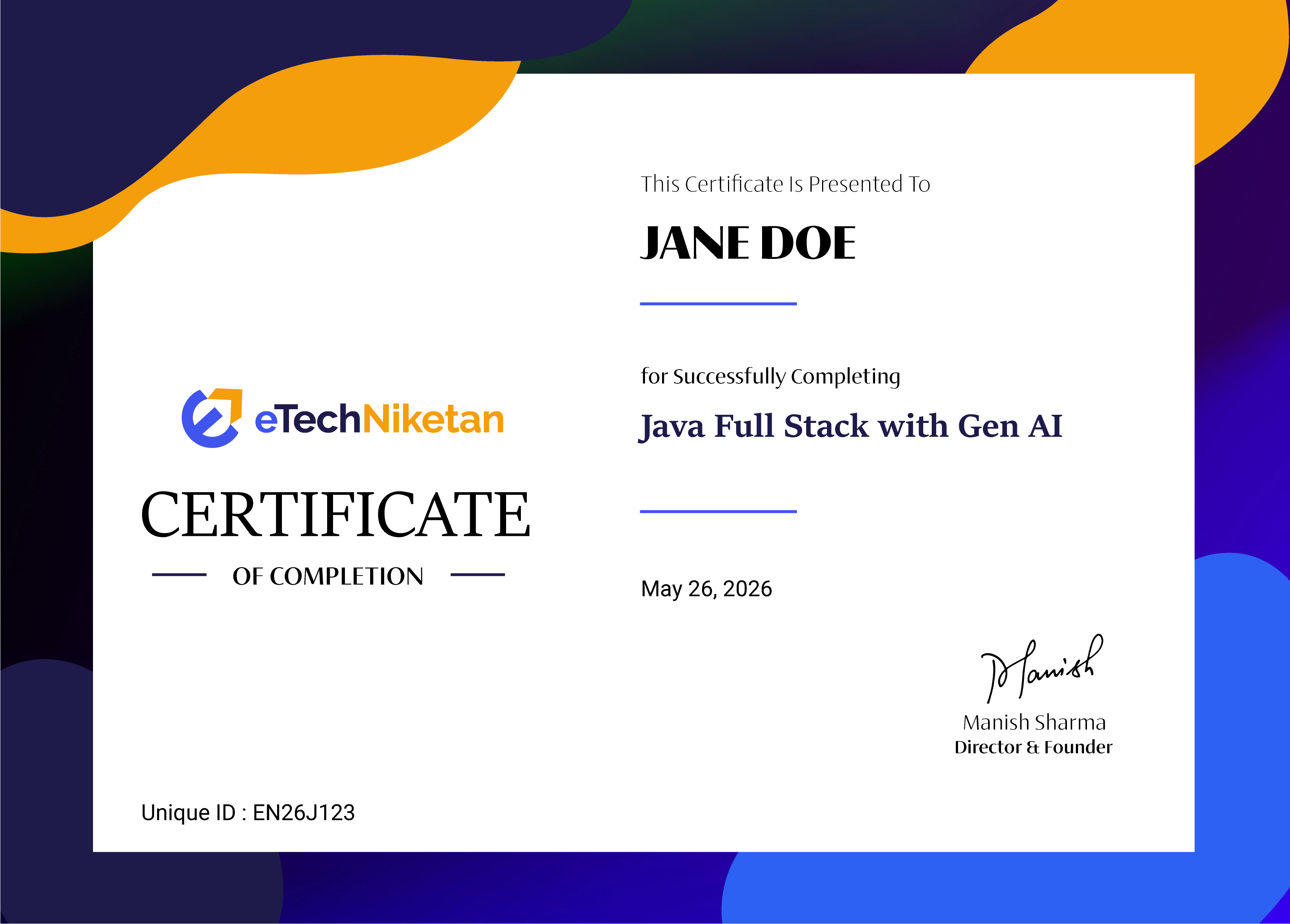 eTechNiketan sample certificate of completion